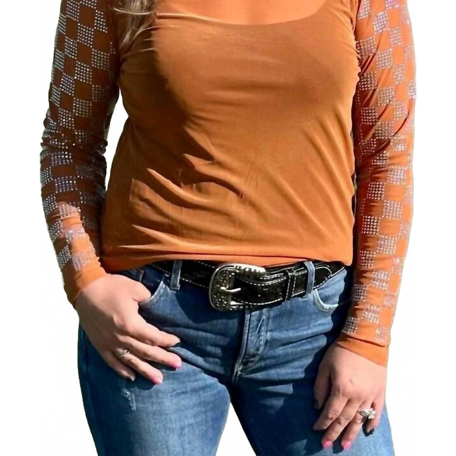 New Sterling Kreek Rhinestone Checkered Mesh Top In Burnt Orange